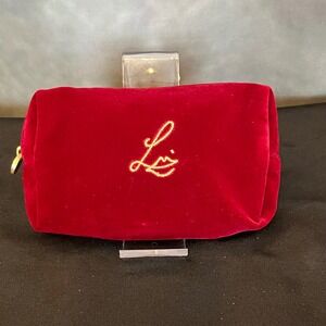 Lisa Eldridge Luxury Velour Cosmetic Bag Red Gold Logo Zipper Pouch